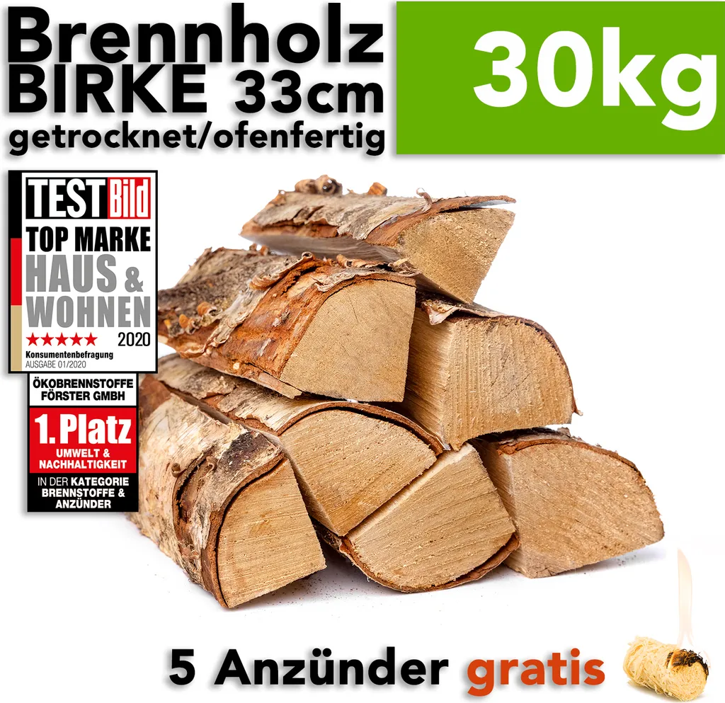 Birkenholz zum Heizen – 25 cm, 30 kg, Produktansicht 1